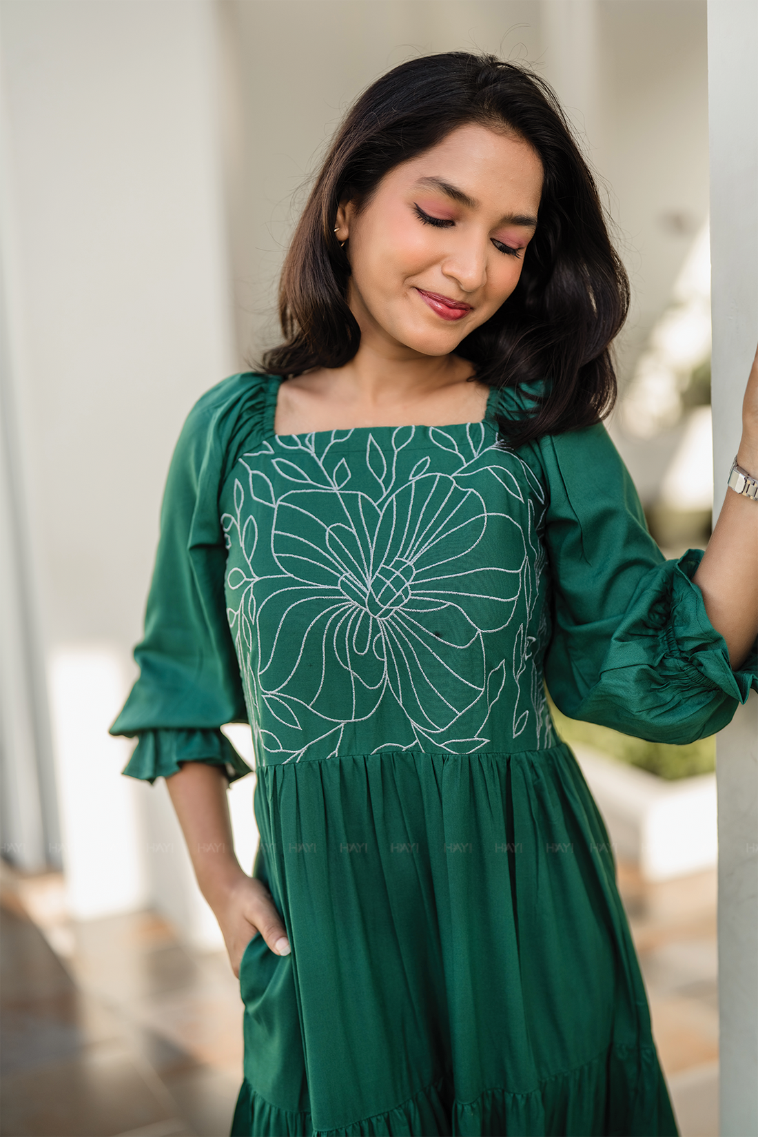 Green Floral Whimsy Green Viscose Dress with Shoulder Elastic &amp; Embroidery