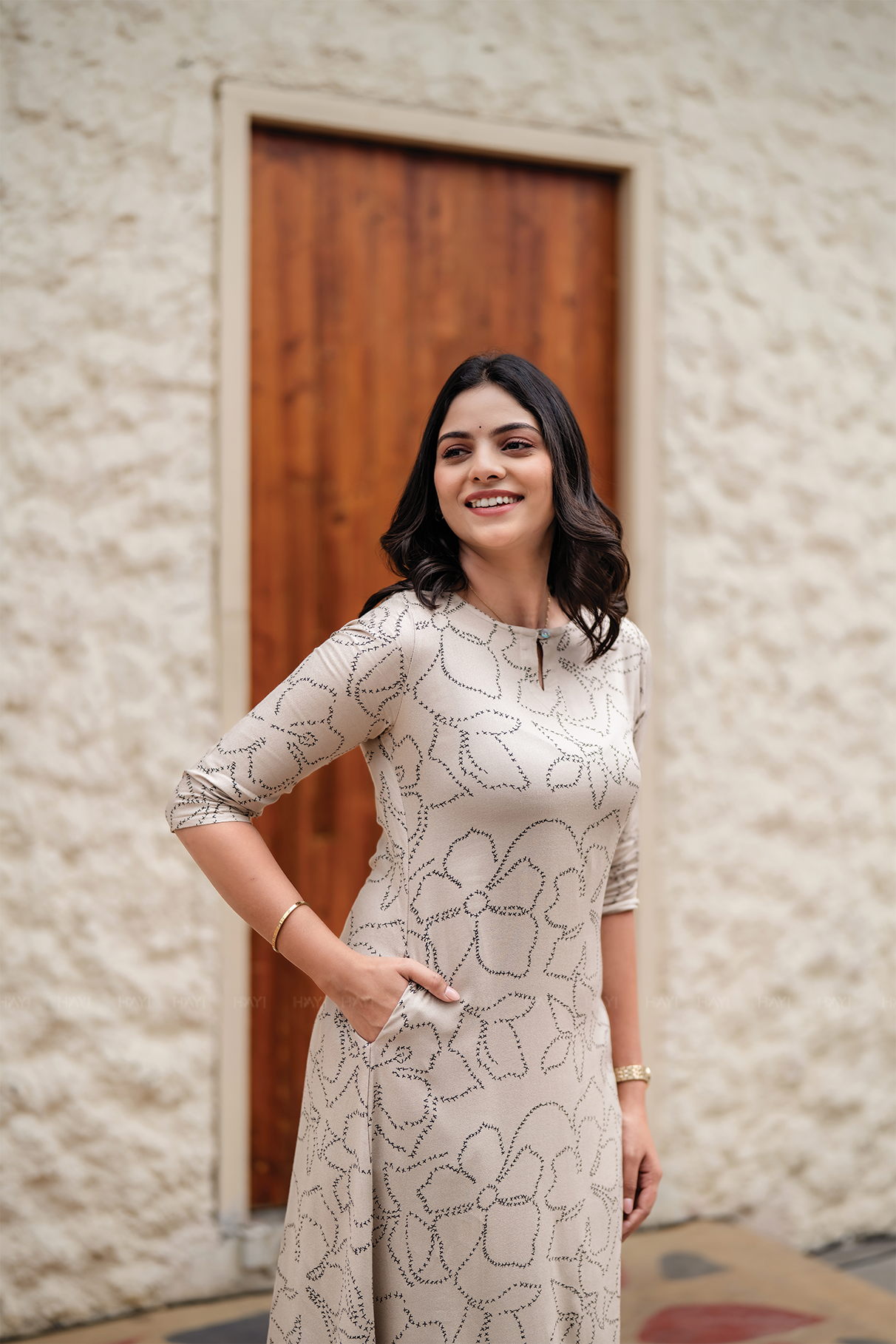 Beige Breeze Viscose Co-ord with Boat Neck with Keyhole &amp; 3/4th Sleeves