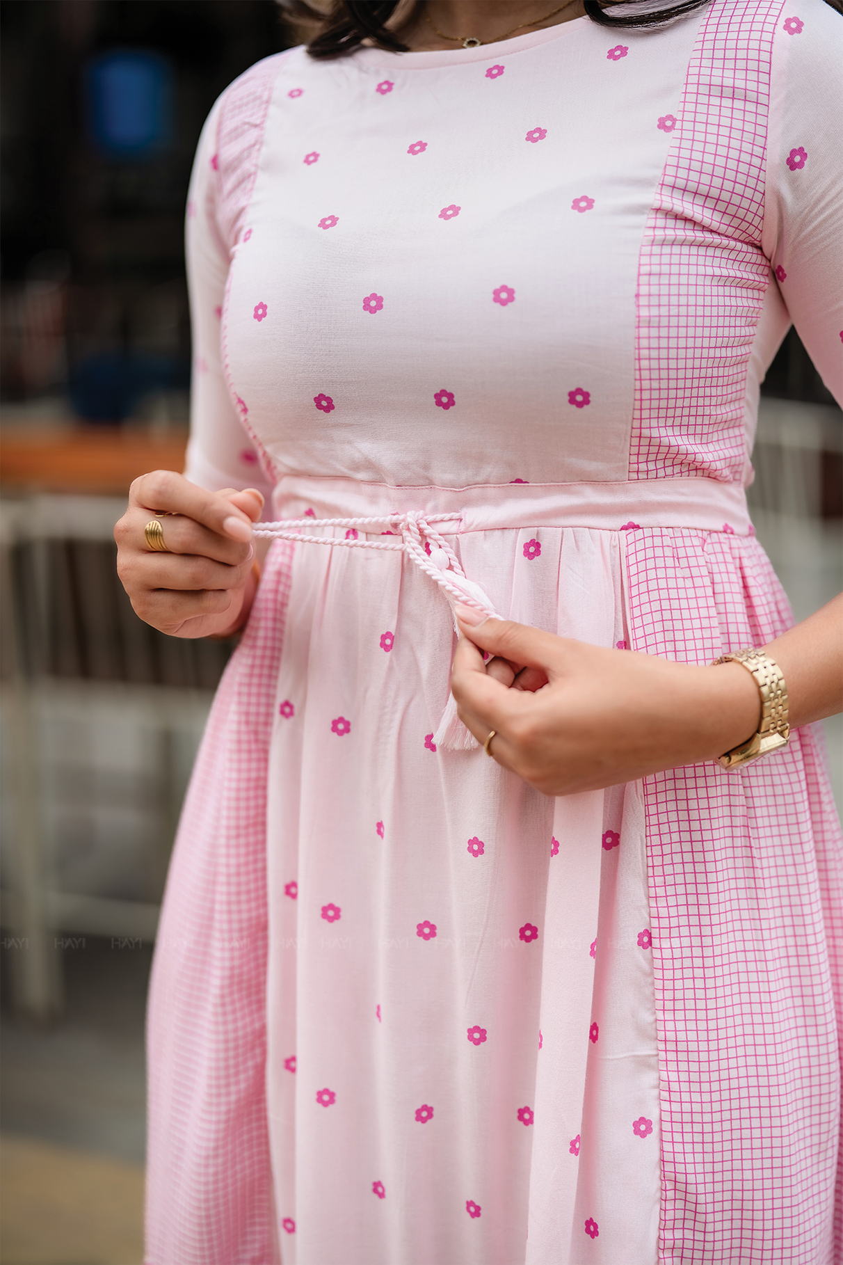 Pink Wink Viscose Dress with Boat Neck 3/4 Sleeves &amp; Dual Print Design