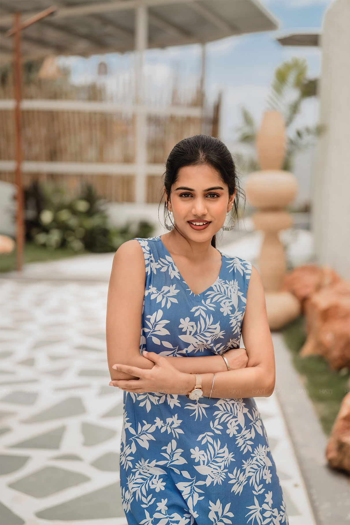 Wisp Botanica Blue cotton blend Co-ord with V-Neck and Attached 3/4th Sleeves