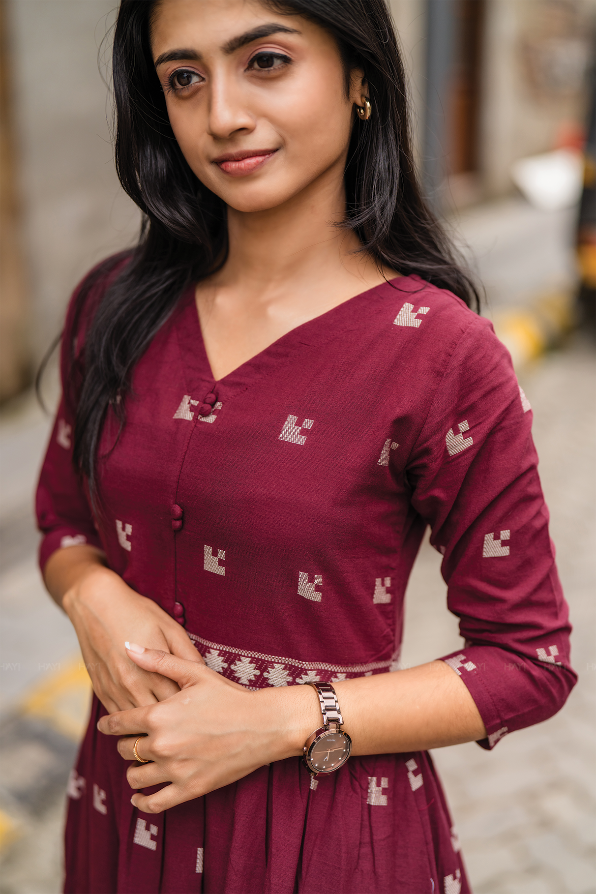 Rosebud Pink Handloom Dress with Straight V-Neck &amp; 3/4 Sleeves