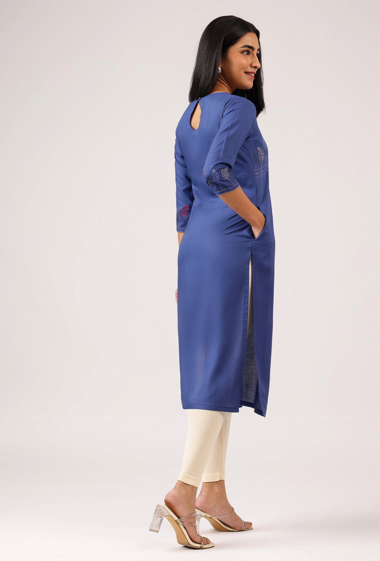 Drawn Blue with Ink Weave Leaf Embroidery Viscose Kurta