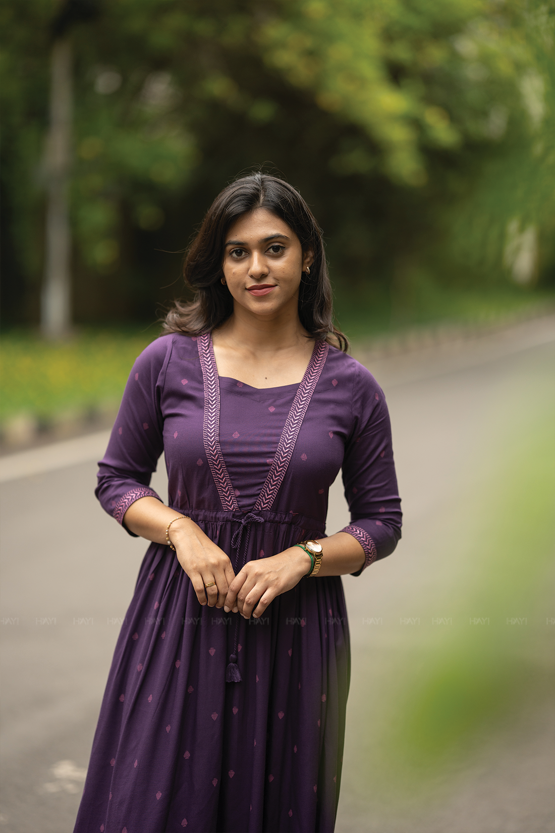 Violet Haze Viscose Dress with Sweetheart Neck &amp; Embroidery