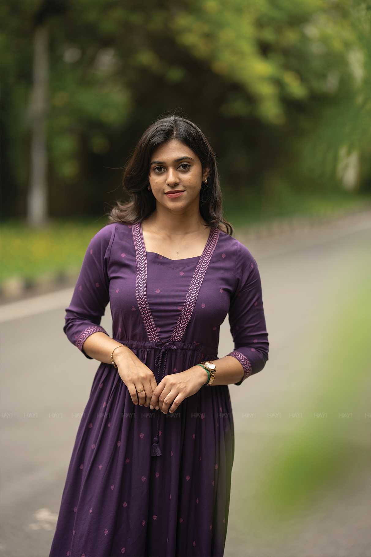 Violet Haze Viscose Dress with Sweetheart Neck &amp; Embroidery
