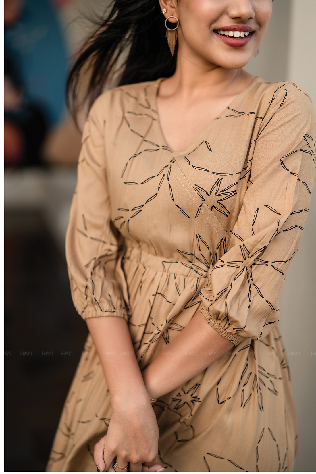 Lil Breeze Beige Viscose Dress with V-Neck &amp; 3/4th Sleeves