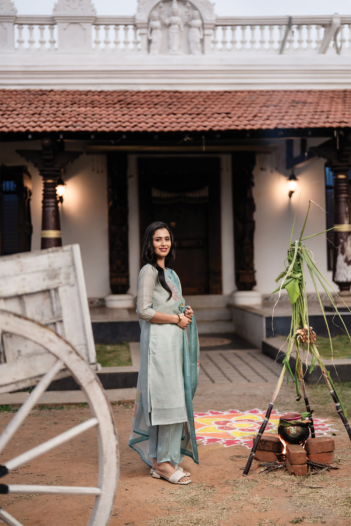 Blueish Blue 3 Piece Tussar Silk Blend Printed Hand-Embroidered Kurta with Pant &amp; Dupatta