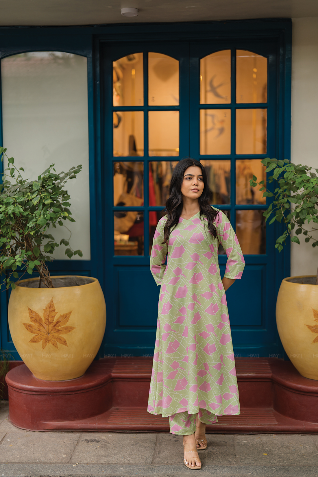 Rinth Green with Whimsical Bloom printed Linen Blend Co Ords