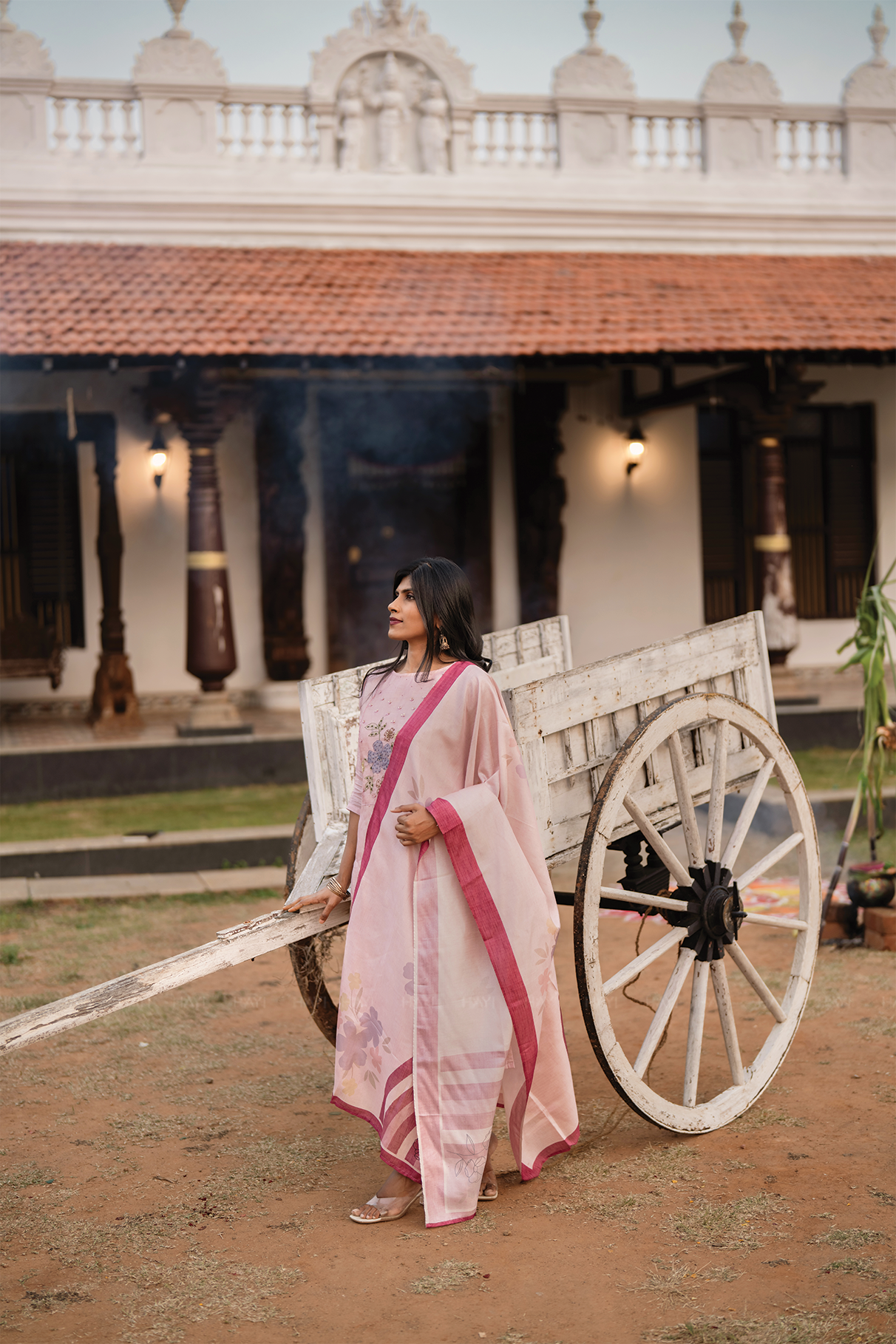 Rose Mist Light Pink 3 Piece Tussar Silk Blend Floral Embroidered &amp; Printed Kurta with Pant &amp; Dupatta