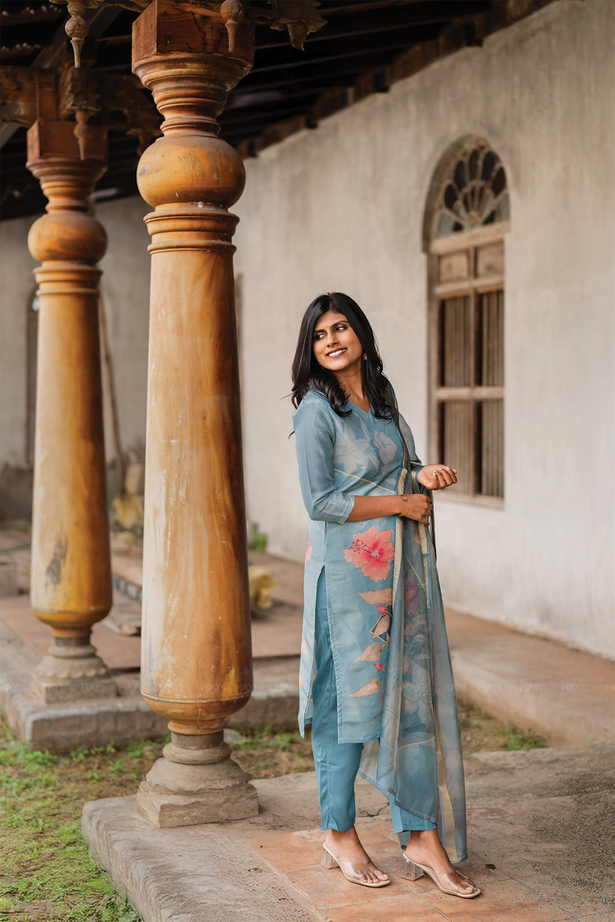 Blush Horizon Blue 3 Piece Shimmer Tissue Blend Floral Placement Print Kurta with Pant &amp; Dupatta