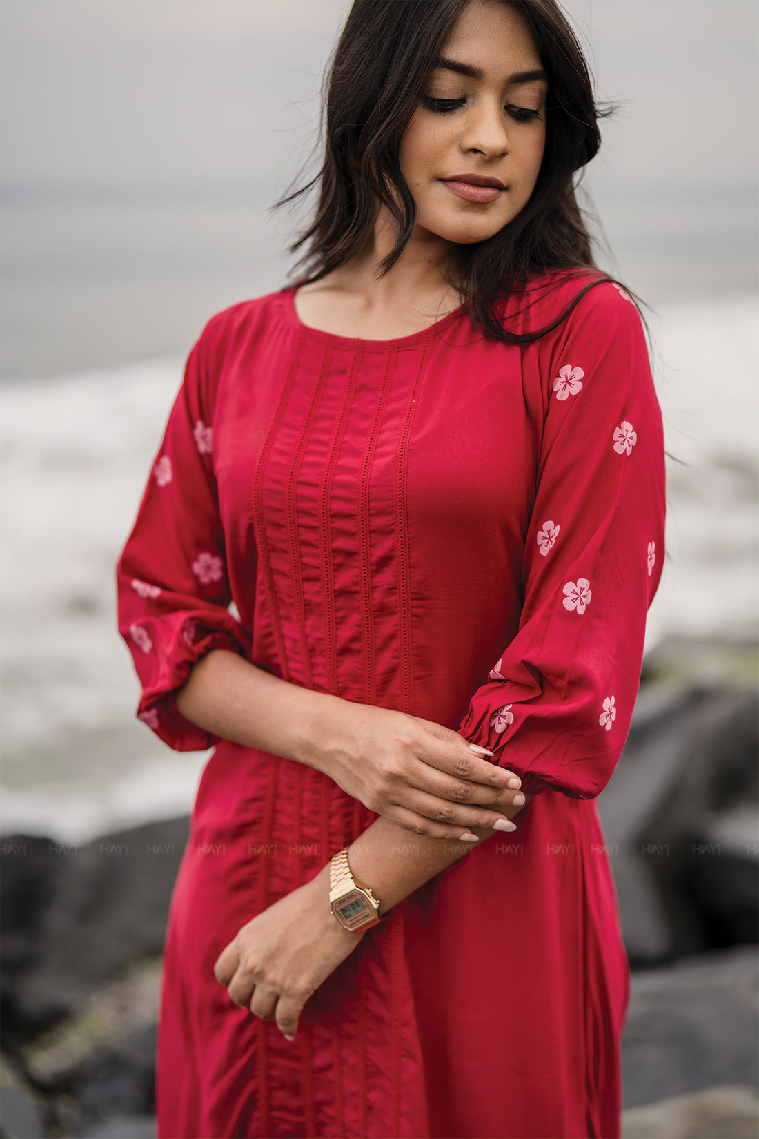 Lava Red with Lacey Daisy printed Viscose A-line Dress