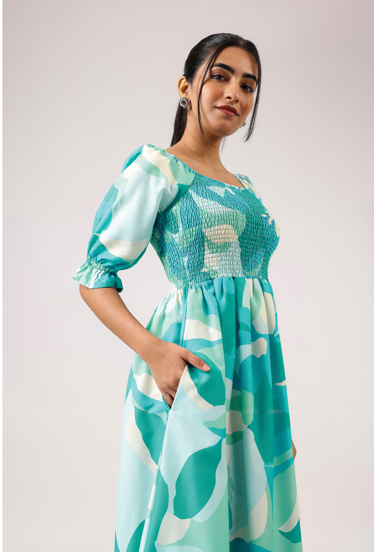 Whim Teal with Tide Kiss Smock Rayon Blend Dress
