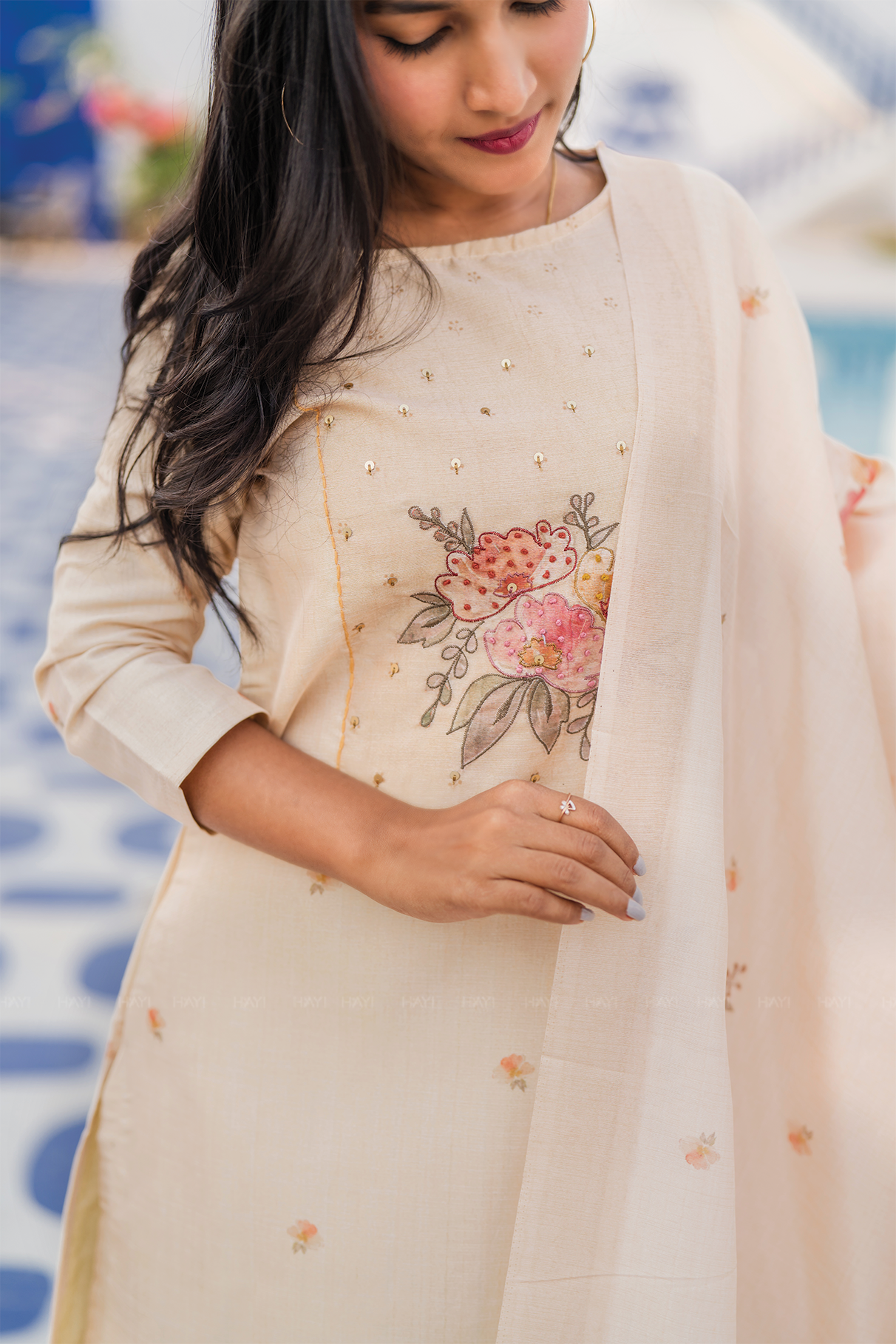 Fable Blossom Embroidered 3 Piece Butter Silk Blend Kurta Set with Dupatta