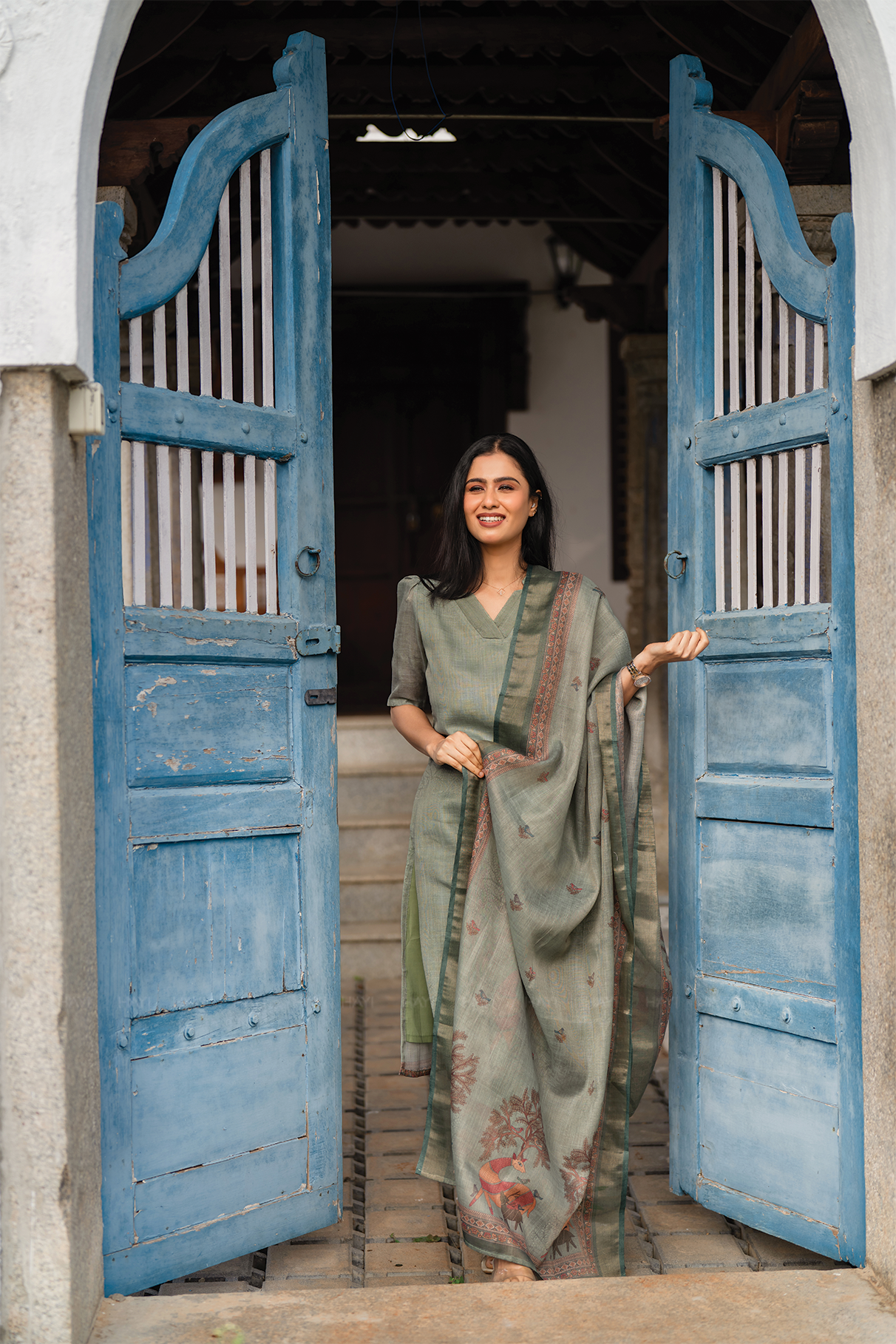 Mirga Green 3 Piece Linen Blend Printed Kurta with Pant &amp; Dupatta