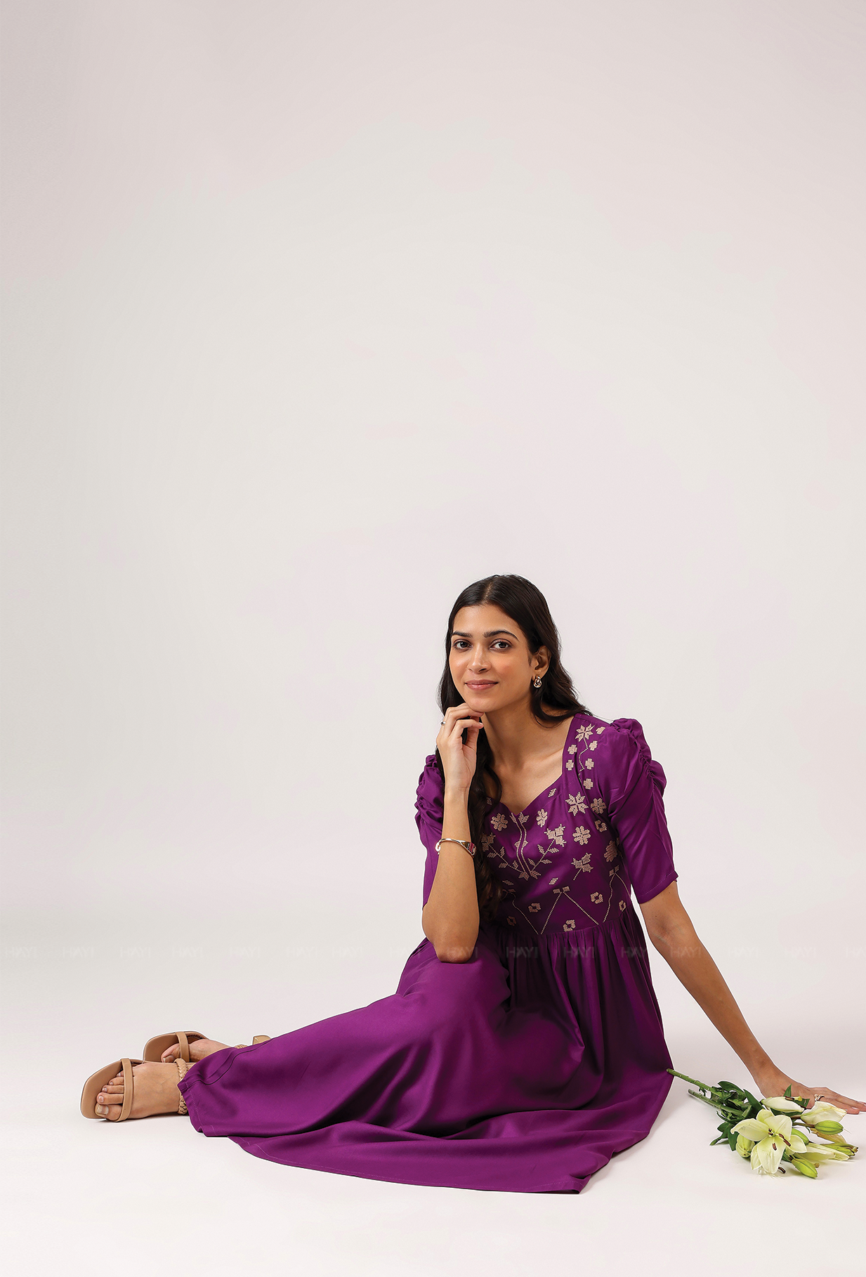 Plum Royal with floral printed Viscose Dress