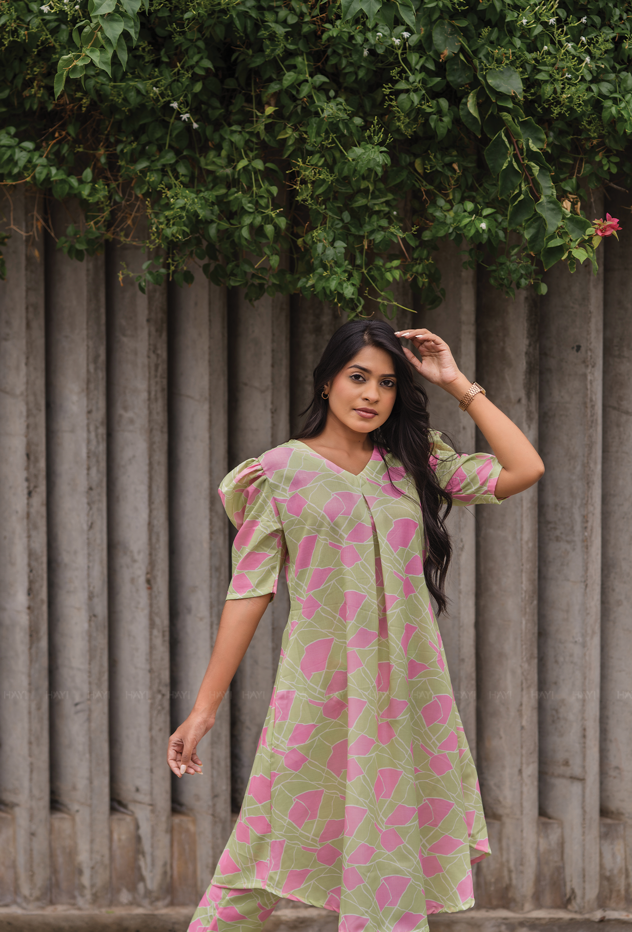 Rinth Green with Whimsical Bloom printed Linen Blend Co Ords