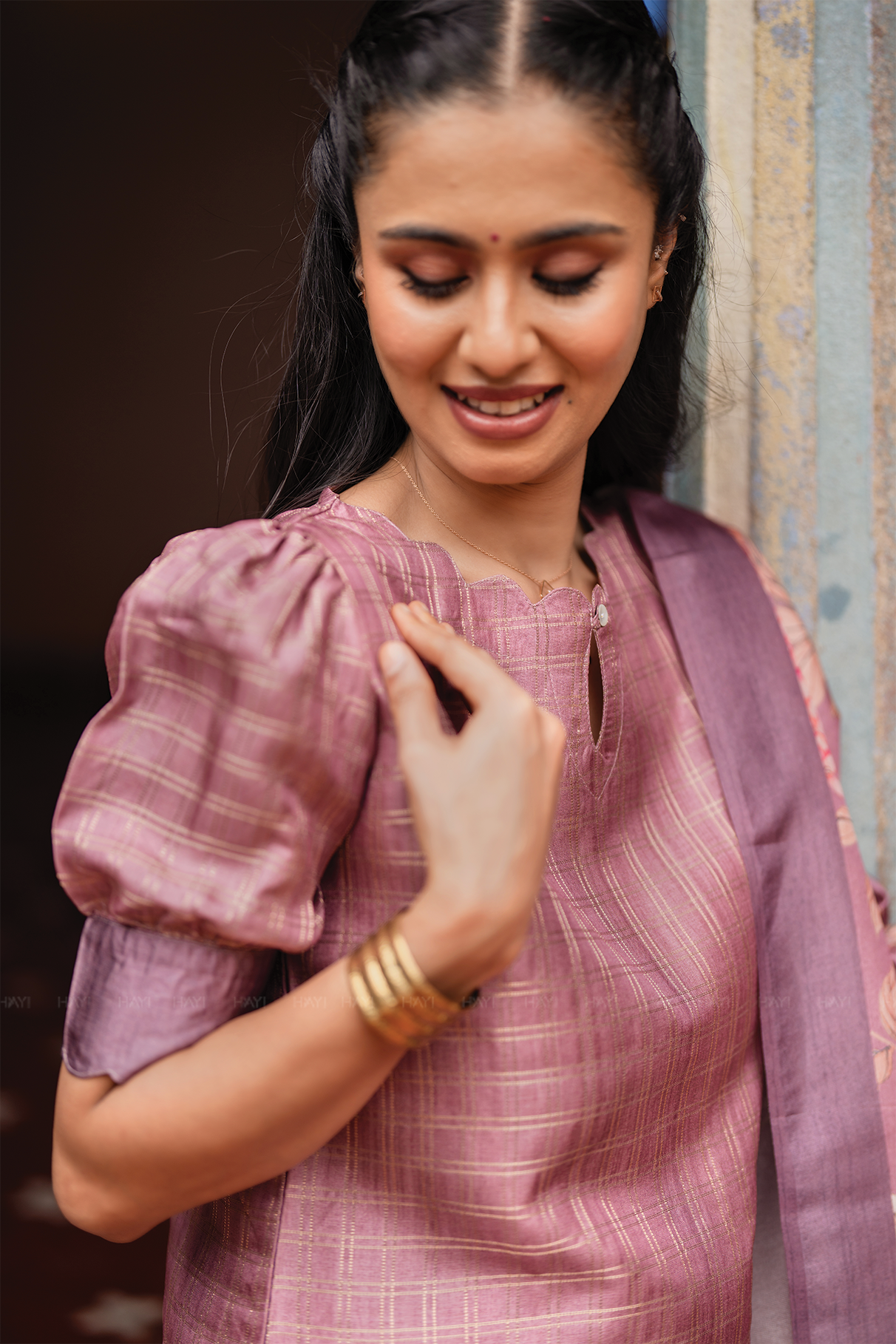 Dusky Pink Satin Daman 3 Piece Silk Check Blend Floral Printed Kurta with Pant &amp; Dupatta