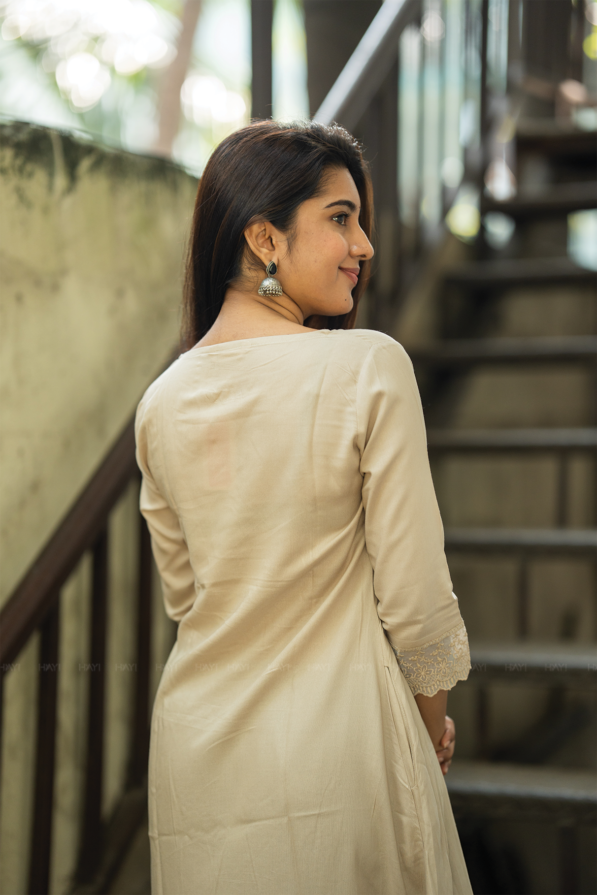 Nira Feather Beige Viscose Embroidered A-Line Kurta with Boat Neck and 3/4 Sleeves