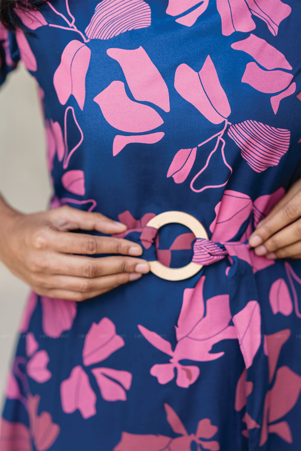 Berry Noir Blue Viscose Dress with Puff Sleeves &amp; Belt