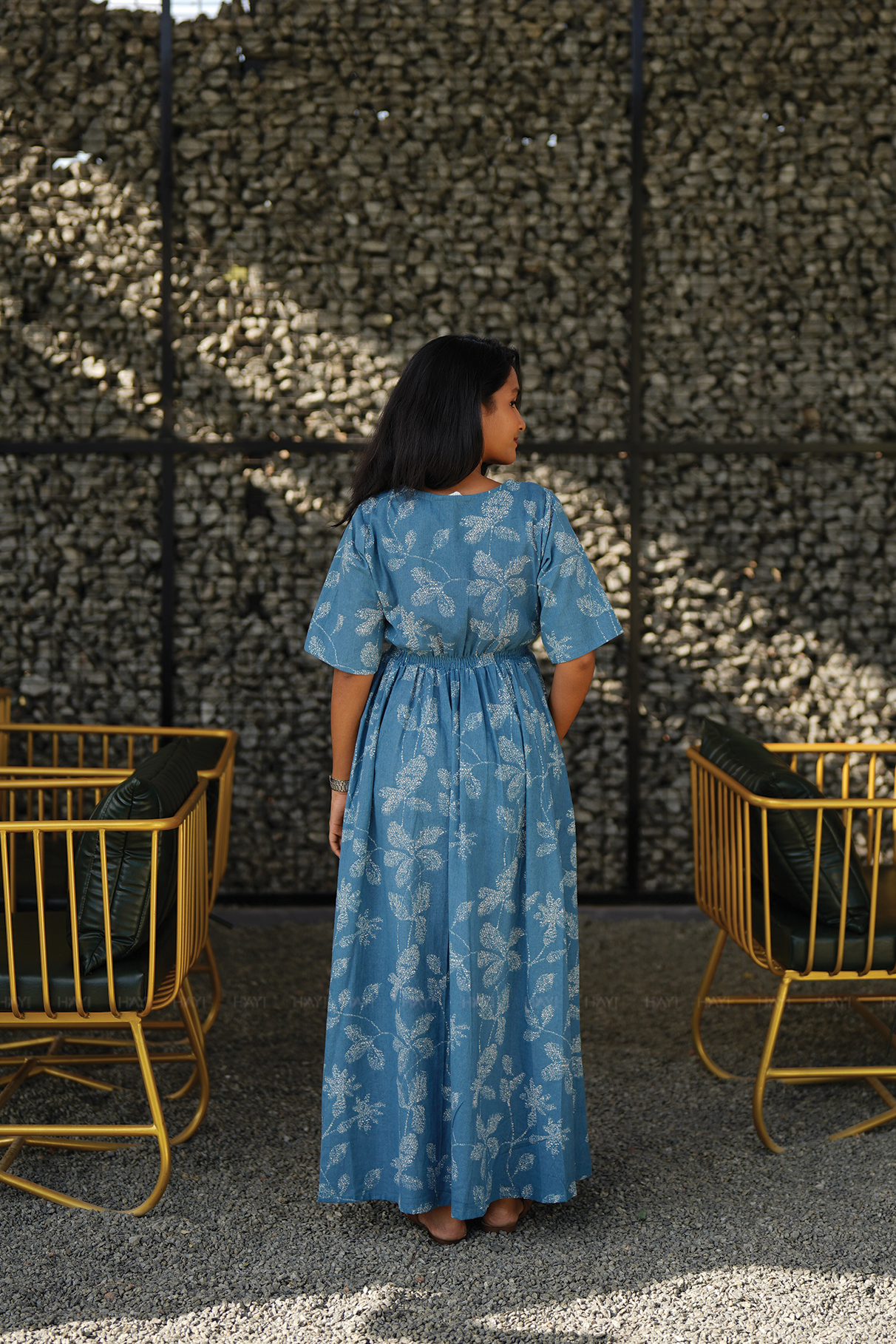 Morning Dew Blue Cotton Dress with V-Neck &amp; Elbow Sleeves