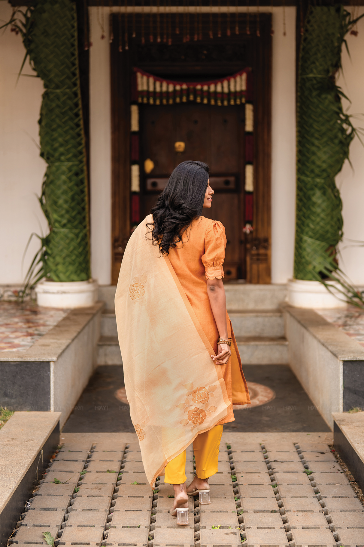 Aurel Yellow 3 Piece Tussar Silk Blend Printed Kurta with Pant &amp; Dupatta