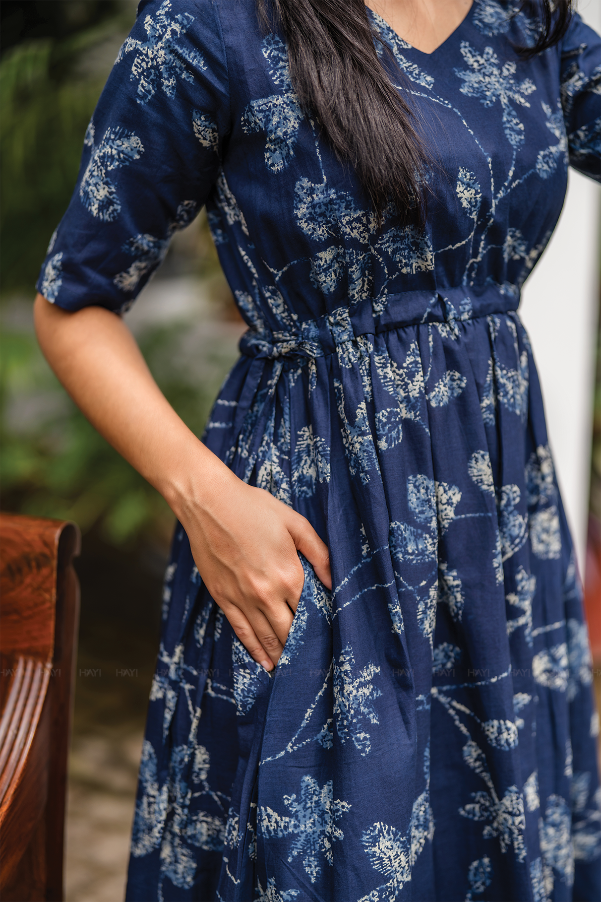 Floralia Blue Cotton Dress with V-Neck &amp; Fabric Rope Detail