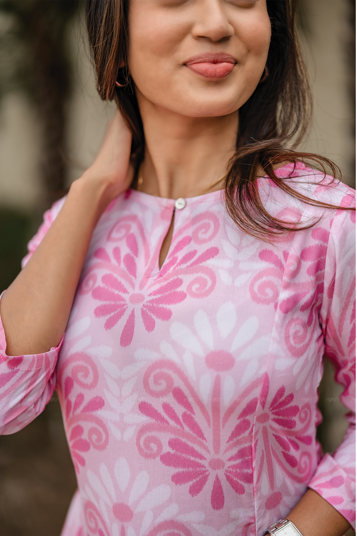 Blush Pink Textured Viscose A-Line Kurta with Boat Neck &amp; 3/4th Sleeves