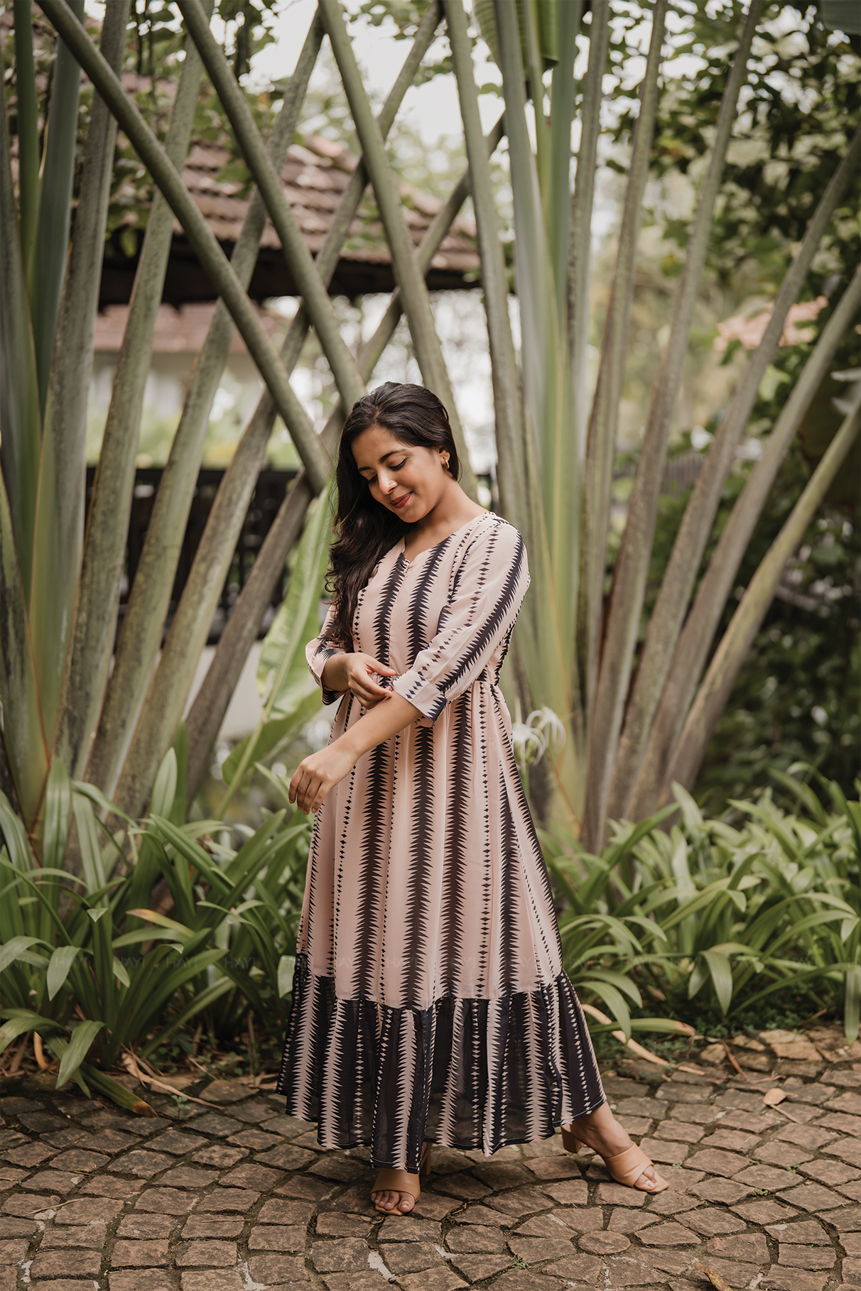 Fall Beige with Timeless Rhythm Printed Lux Georgette Dress – HAY!