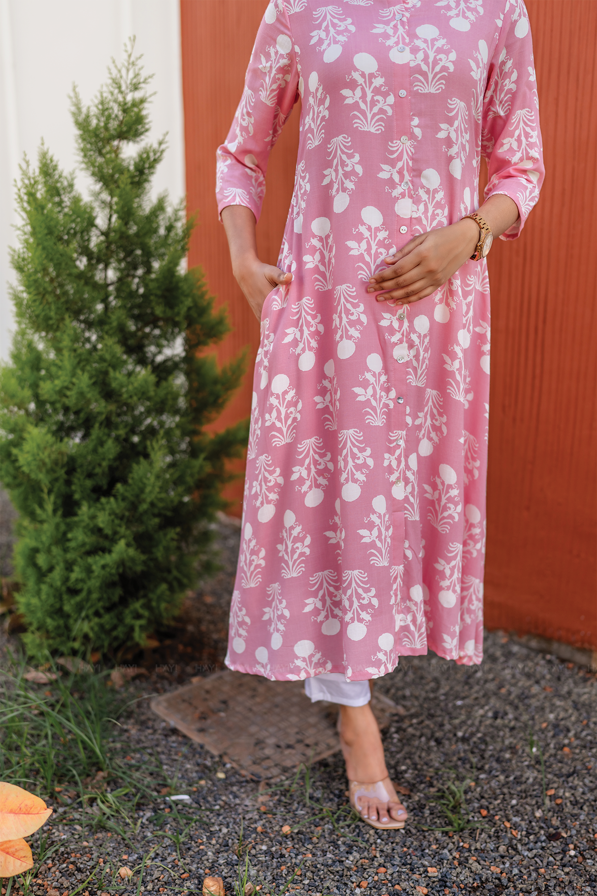 Blush Tale Pink Viscose A-line Dress with Chinese Collar &amp; 3/4th Sleeves