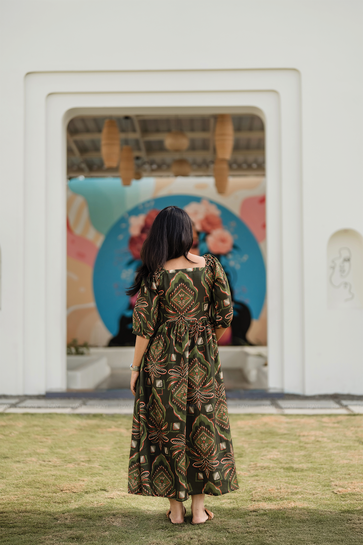 Burnished Green with Forest Desire floral printed Linen Blend Dress
