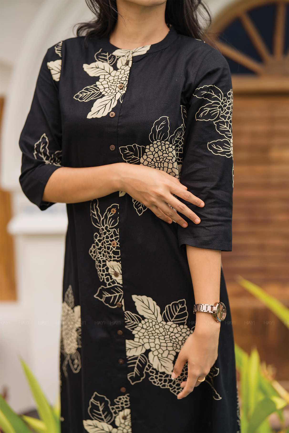 Golden Dusk Black Cotton Flex Co-ord with Chinese Collar &amp; 3/4th Sleeves