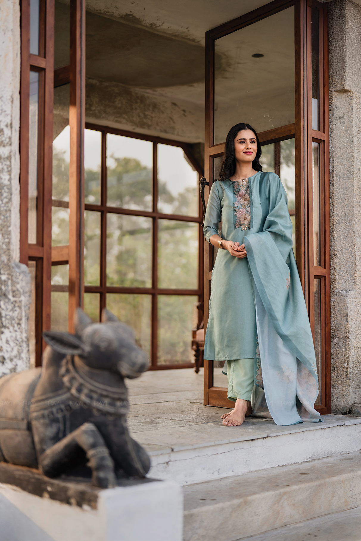 Rustic Charm Green 3 Piece Shimmer Tissue Blend Embroidered &amp; Printed Kurta with Pant &amp; Dupatta