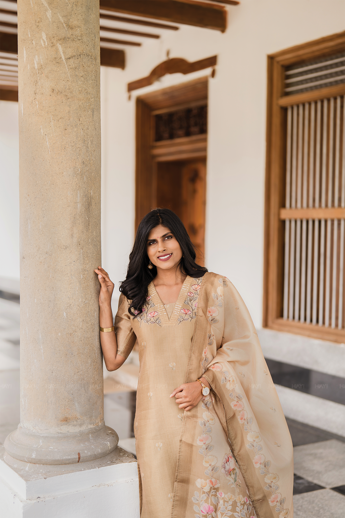 Classic Natural Yellow 3-Piece Tussar Silk Blend Floral Hand-Embroidered Kurta with Pant &amp; Dupatta