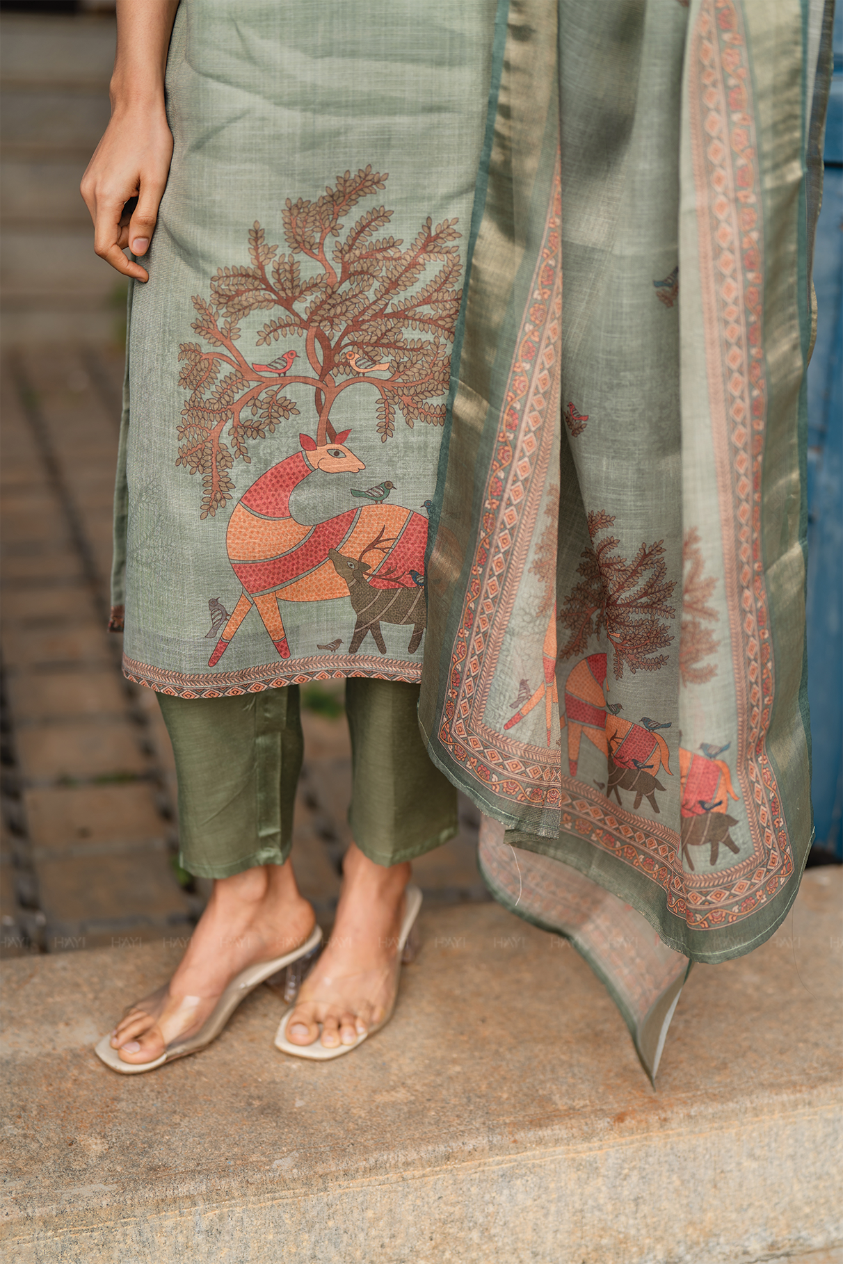 Mirga Green 3 Piece Linen Blend Printed Kurta with Pant &amp; Dupatta