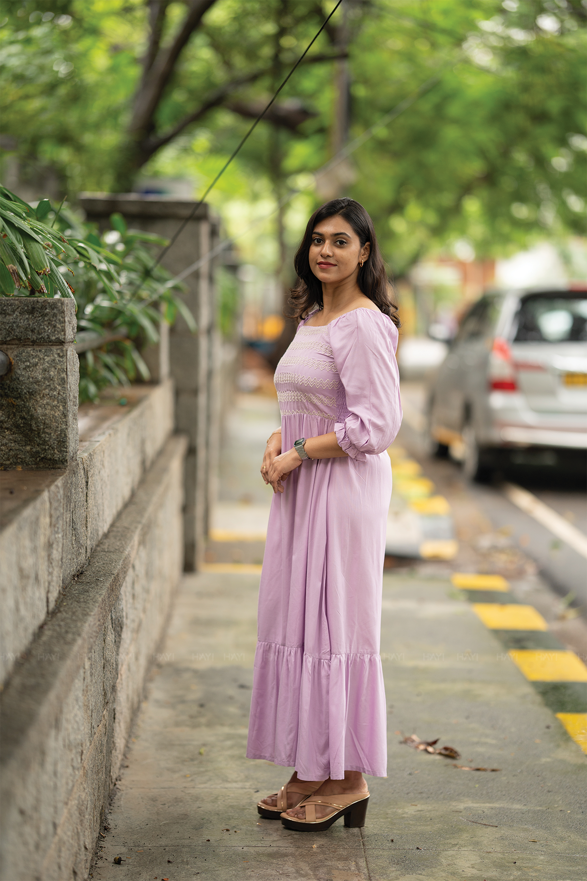 Lavender Fantasy Viscose Dress with Shoulder Elastic &amp; Embroidery
