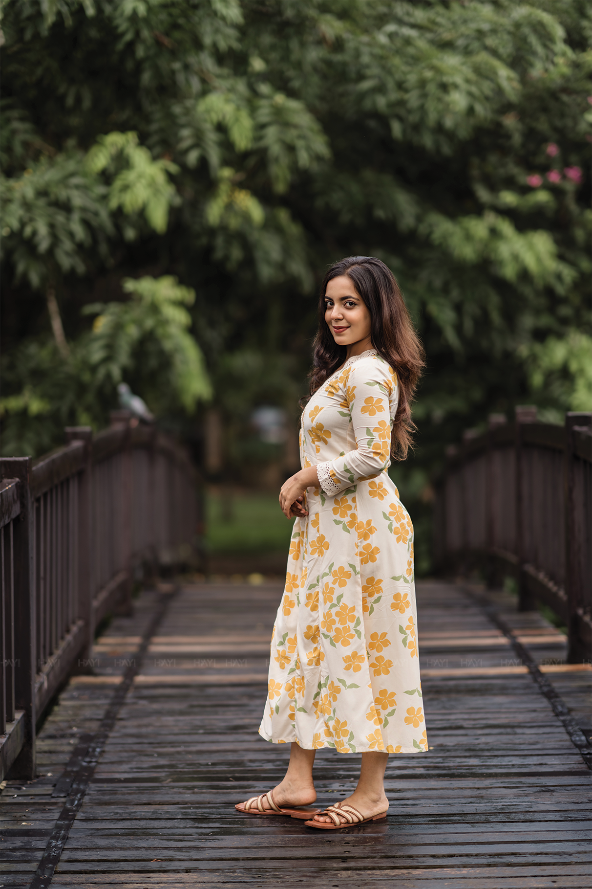 Sunpetal Bloom Beige Viscose Dress with V-Neck &amp; Lace