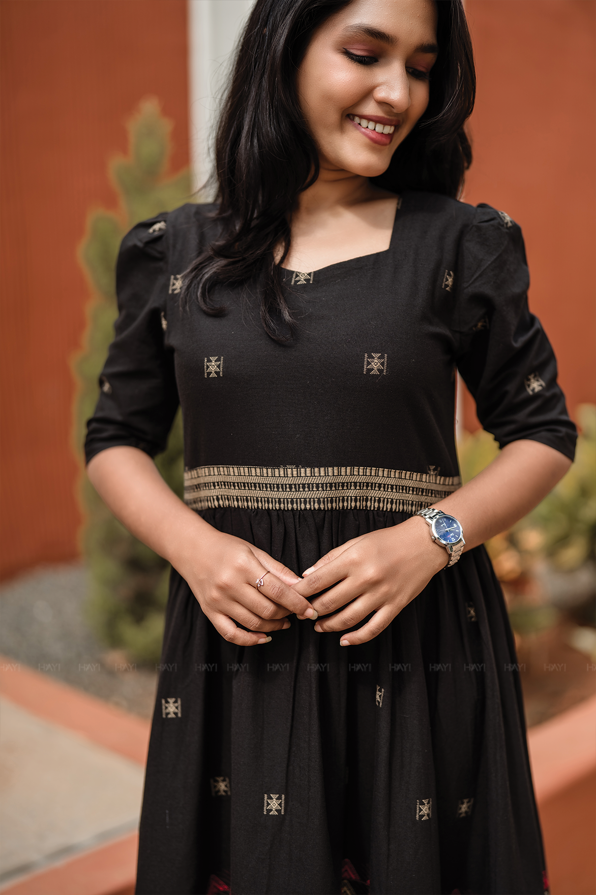 Starlight Black Handloom Dress with Sweetheart Neck &amp; Leg-O-Mutton Sleeves