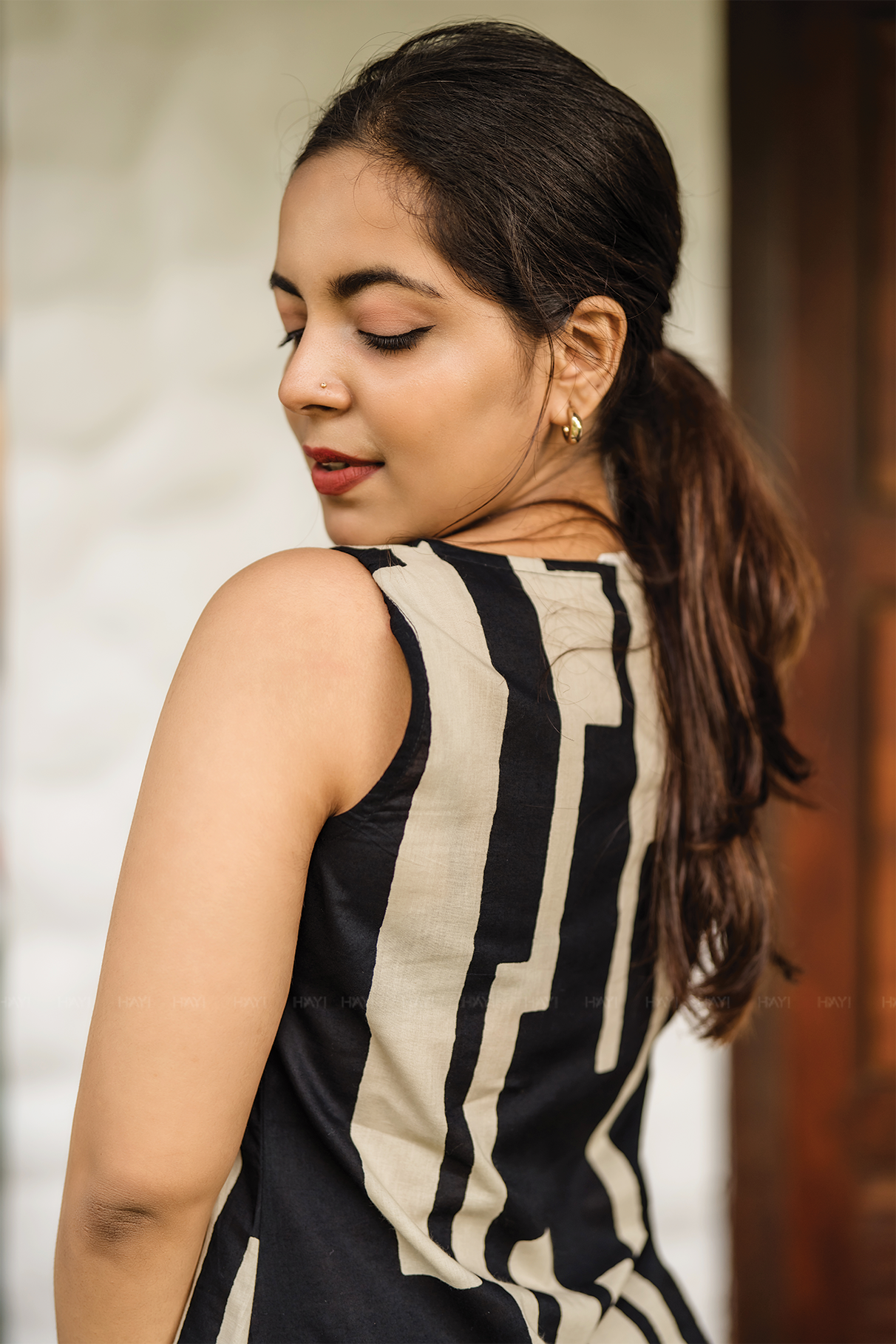 Elegance Chic Black Viscose A-line Dress with Boat Neck &amp; Attached 3/4th Sleeves