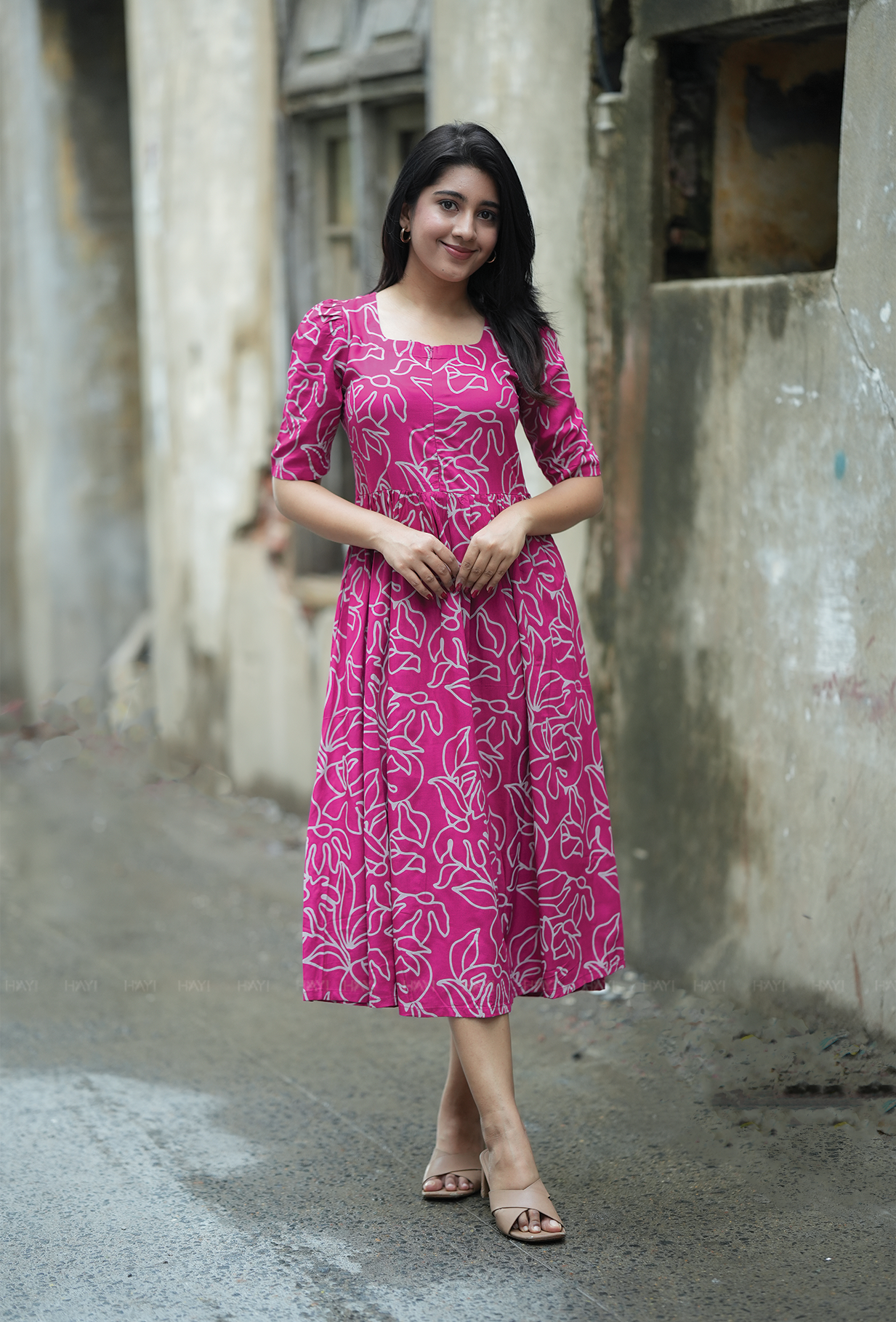 Dark Pink with Fuchsia Cluster floral printed Maternity and Feeding Dress