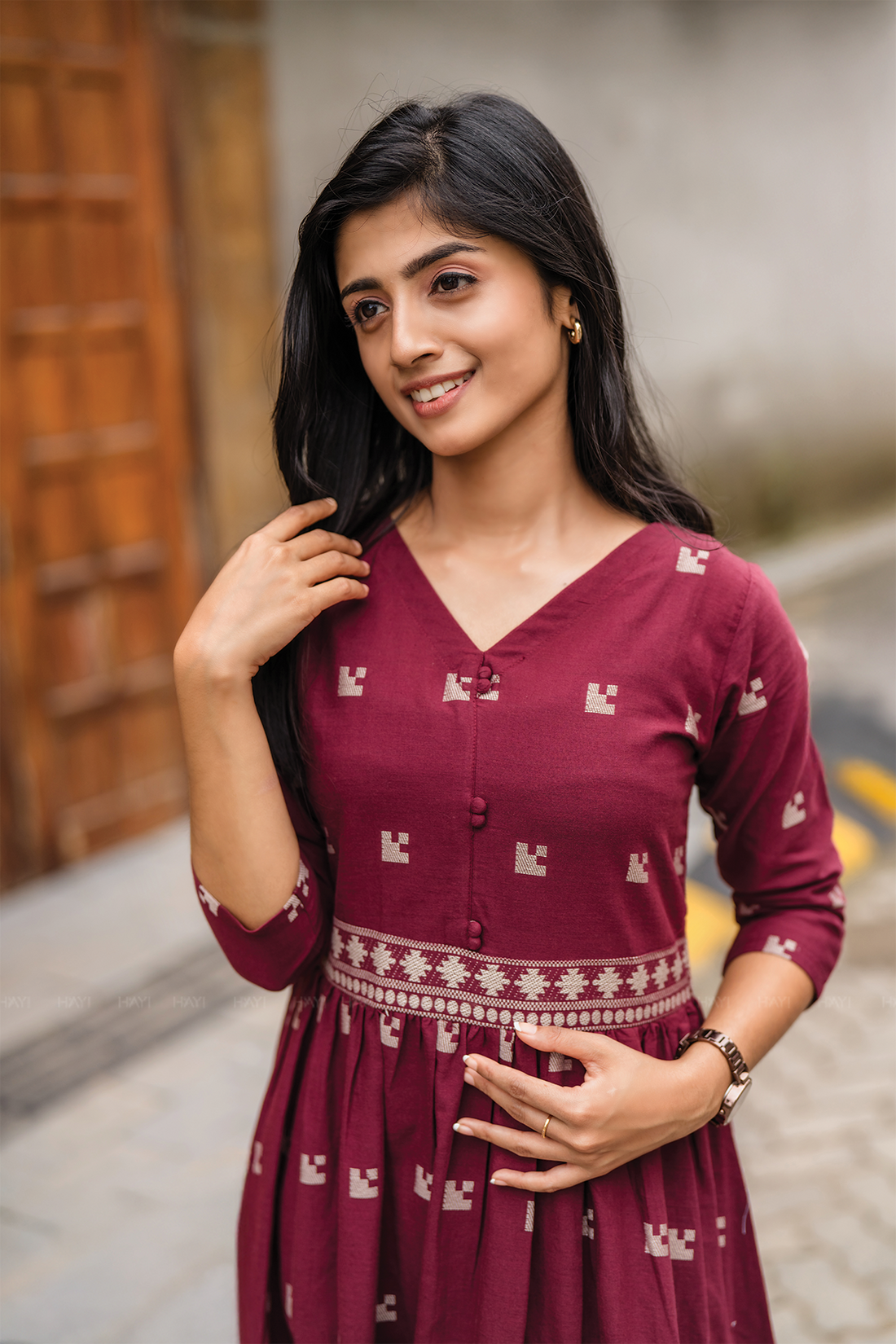 Rosebud Pink Handloom Dress with Straight V-Neck &amp; 3/4 Sleeves