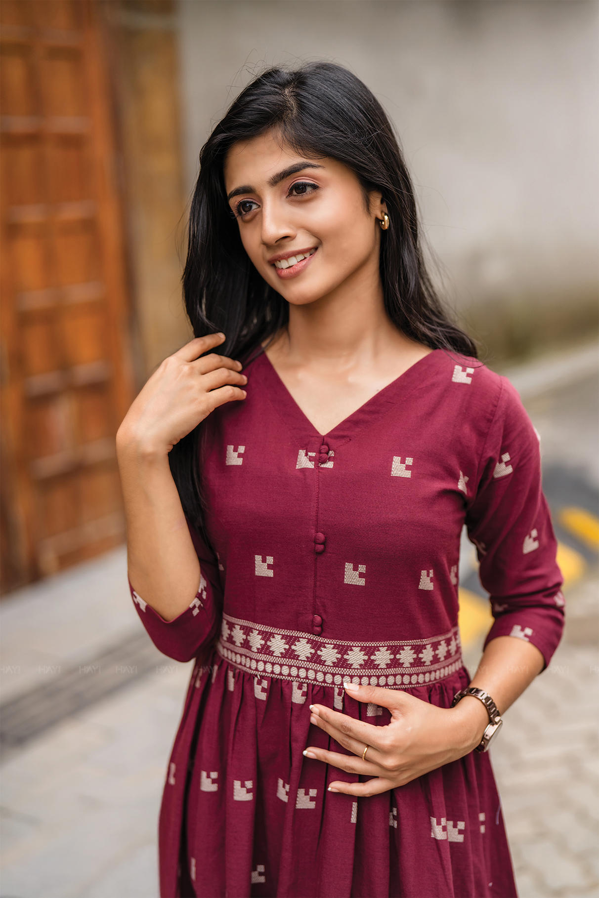 Rosebud Pink Handloom Dress with Straight V-Neck &amp; 3/4 Sleeves