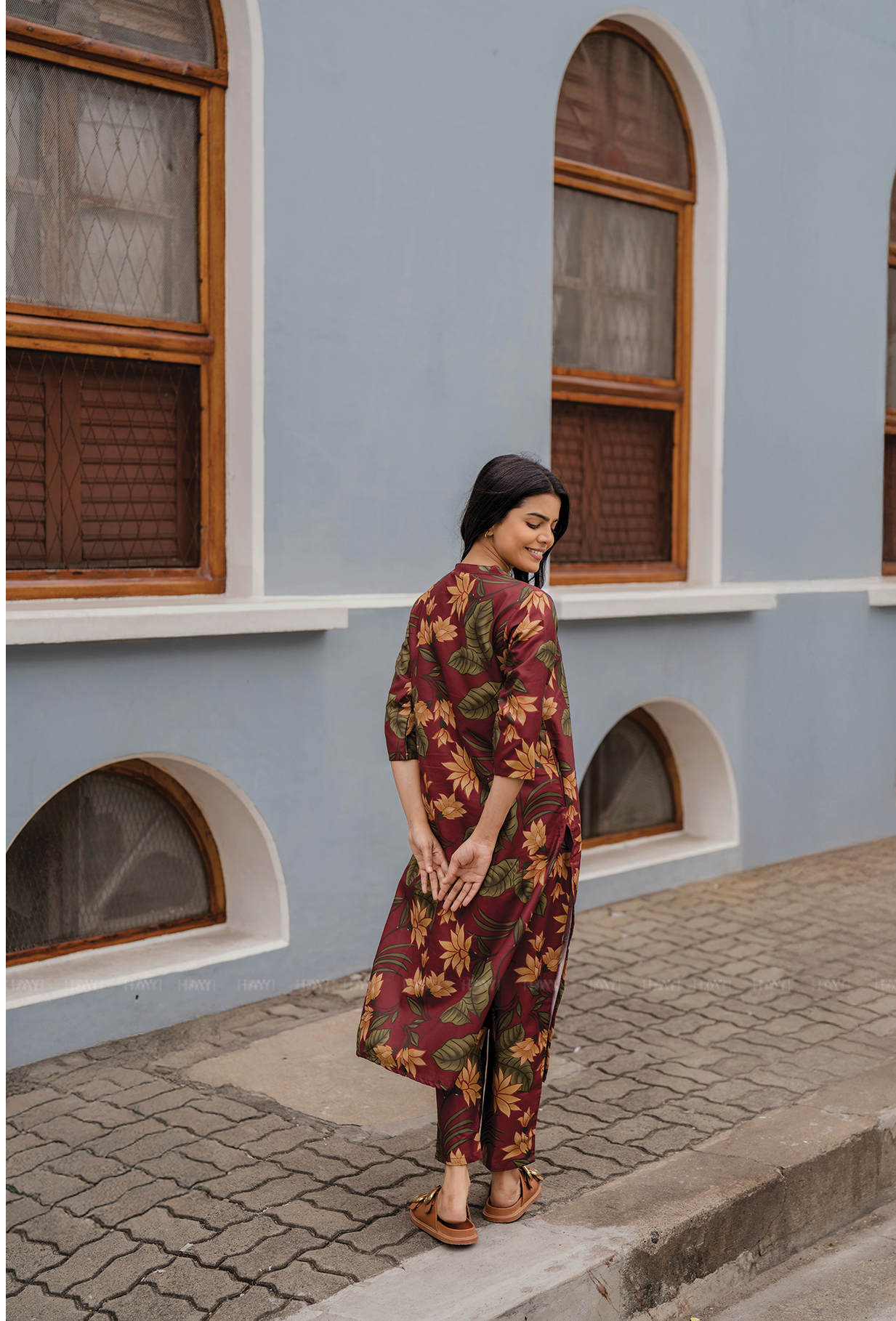 Terra Red with Earthy Boho floral printed Man-made Fibre Co Ords