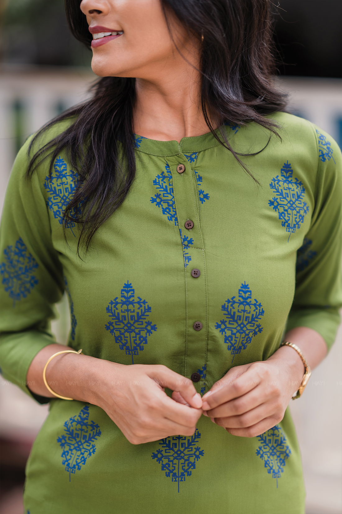 Olive Majesty Viscose Co-ord with Chinese Collar &amp; Half Lacket