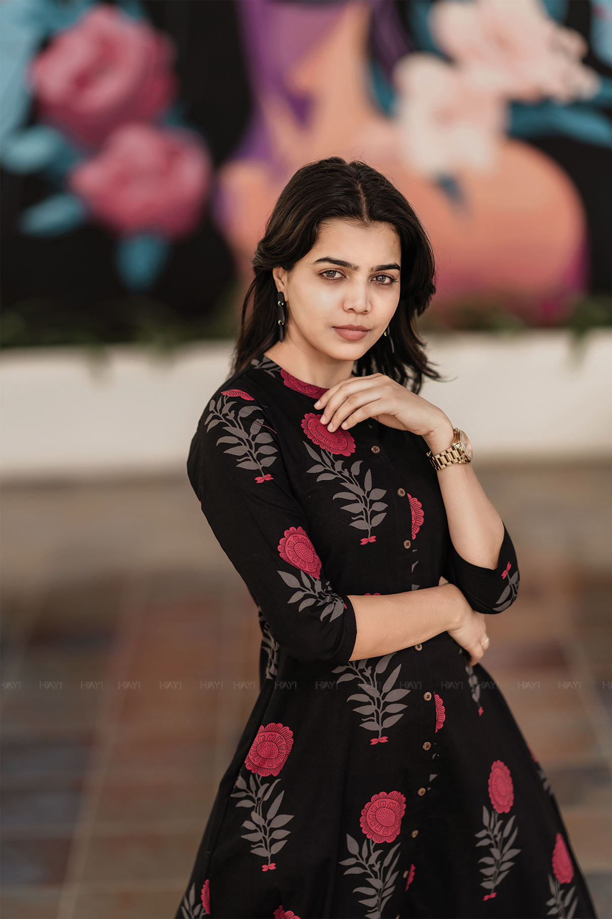 Fuchsia Mist Black Cotton Co-ord with Chinese collar &amp; 3/4th sleeves