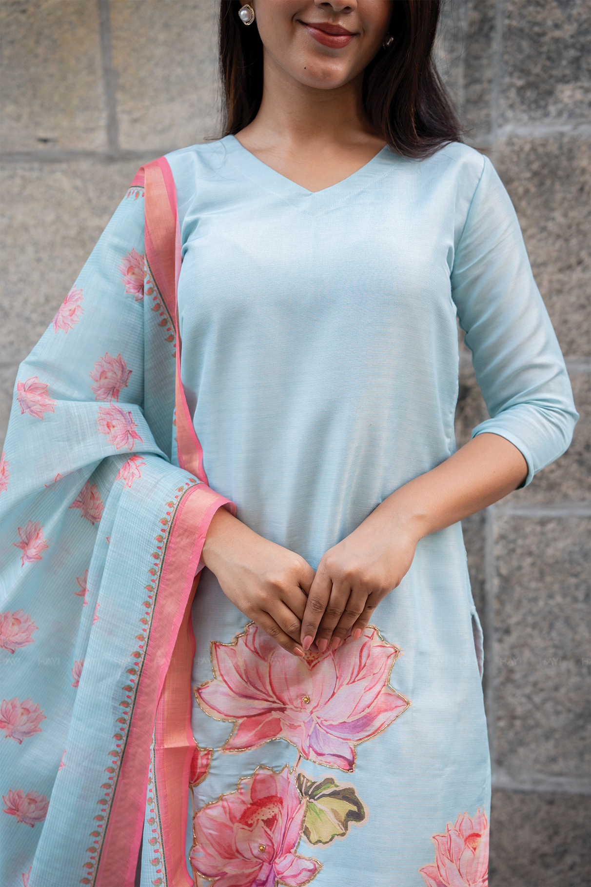 Lotus Mist Blue Printed 3 Piece Shimmer Tissue Kurti Set with Dupatta