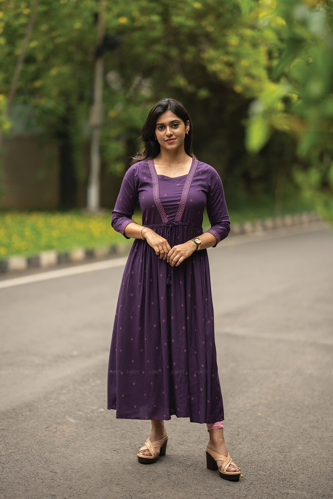 Violet Haze Viscose Dress with Sweetheart Neck &amp; Embroidery
