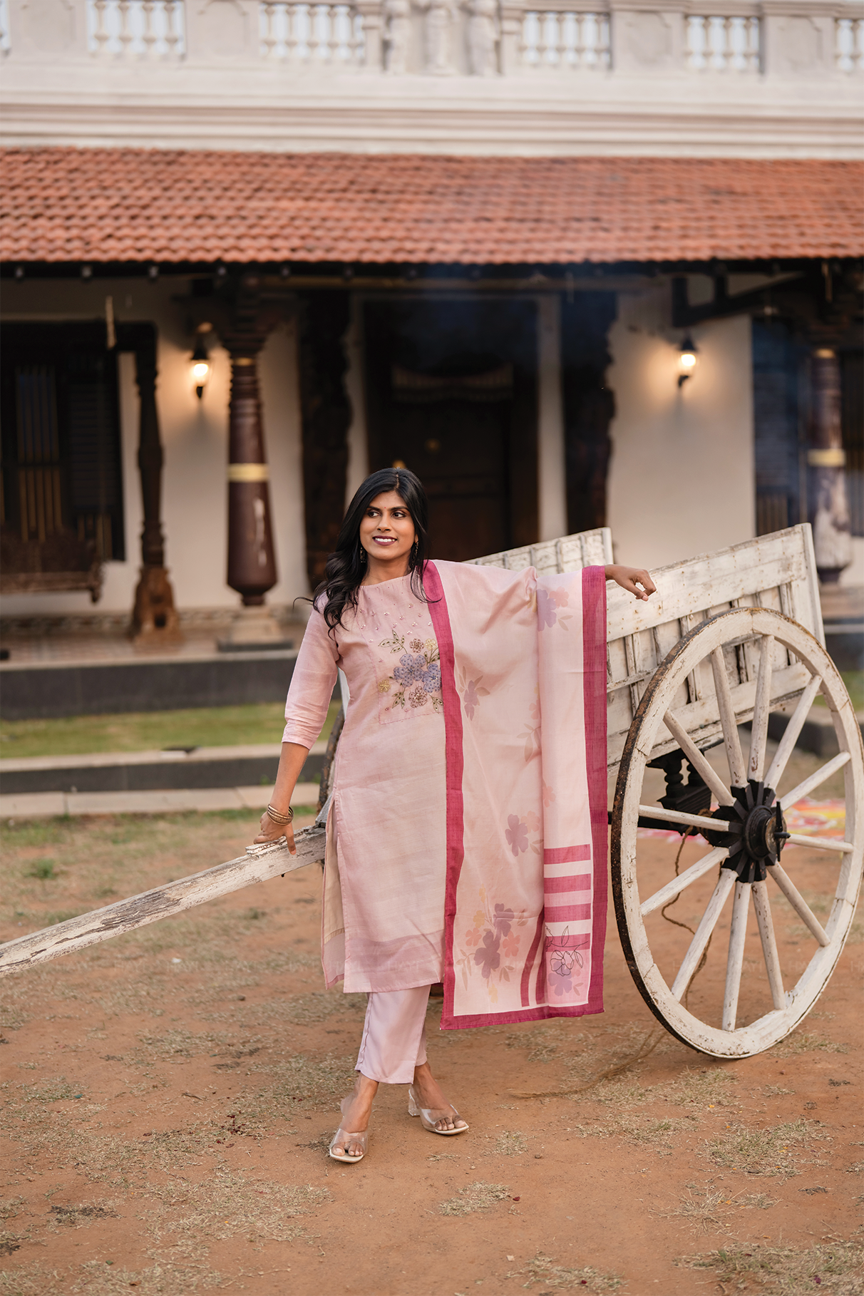Rose Mist Light Pink 3 Piece Tussar Silk Blend Floral Embroidered &amp; Printed Kurta with Pant &amp; Dupatta