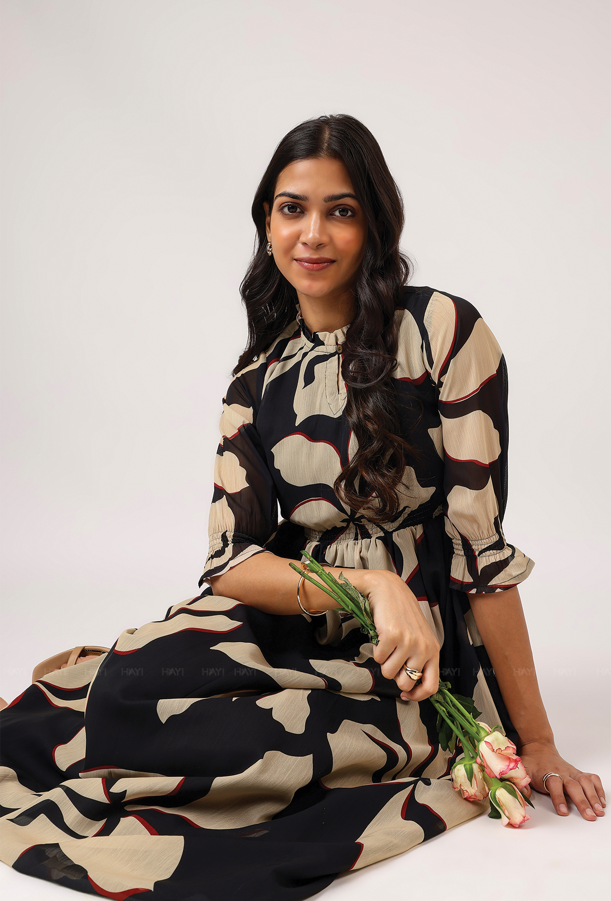 Spear Black with Charcoal Ink printed Lux Georgette dress