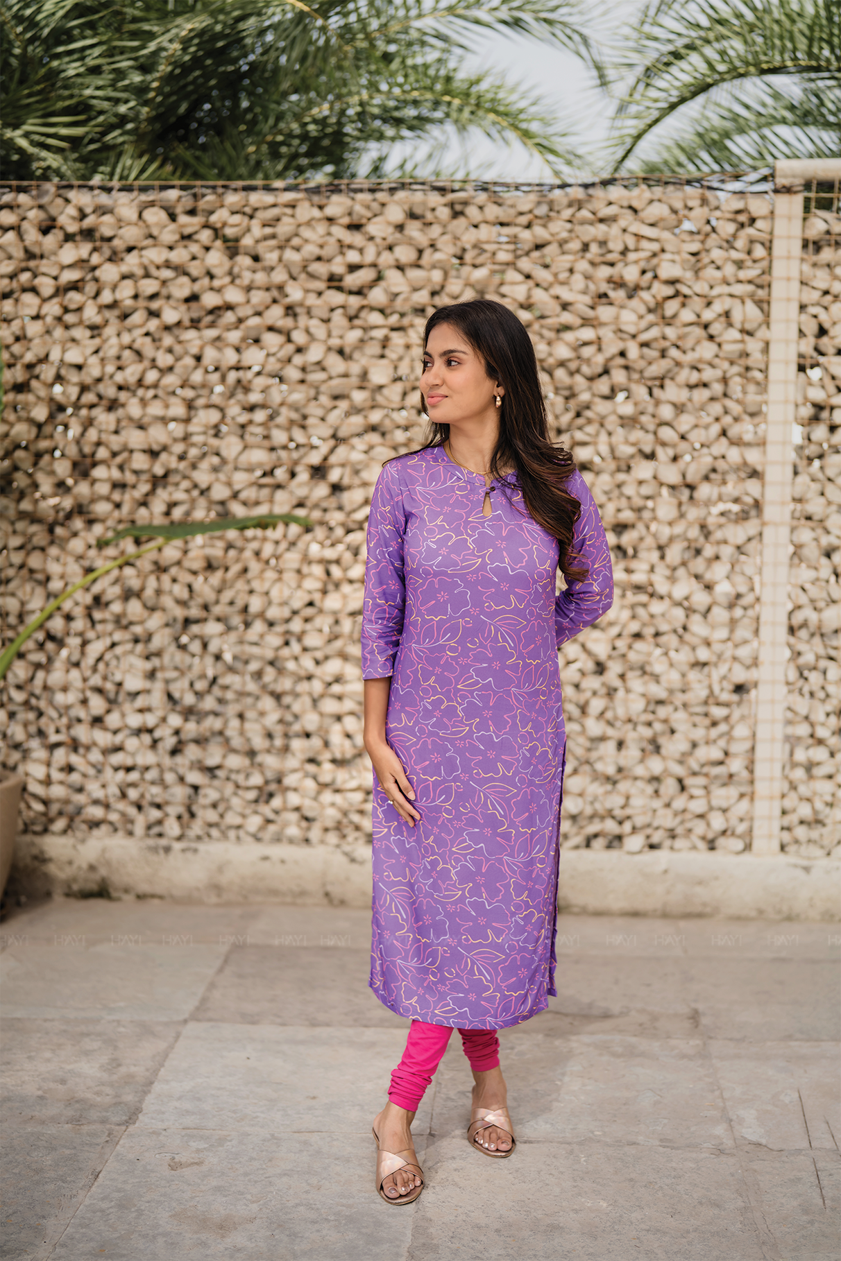 Floral Boodle Violet Viscose Kurti with Chinese Neck &amp; 3/4 Sleeves