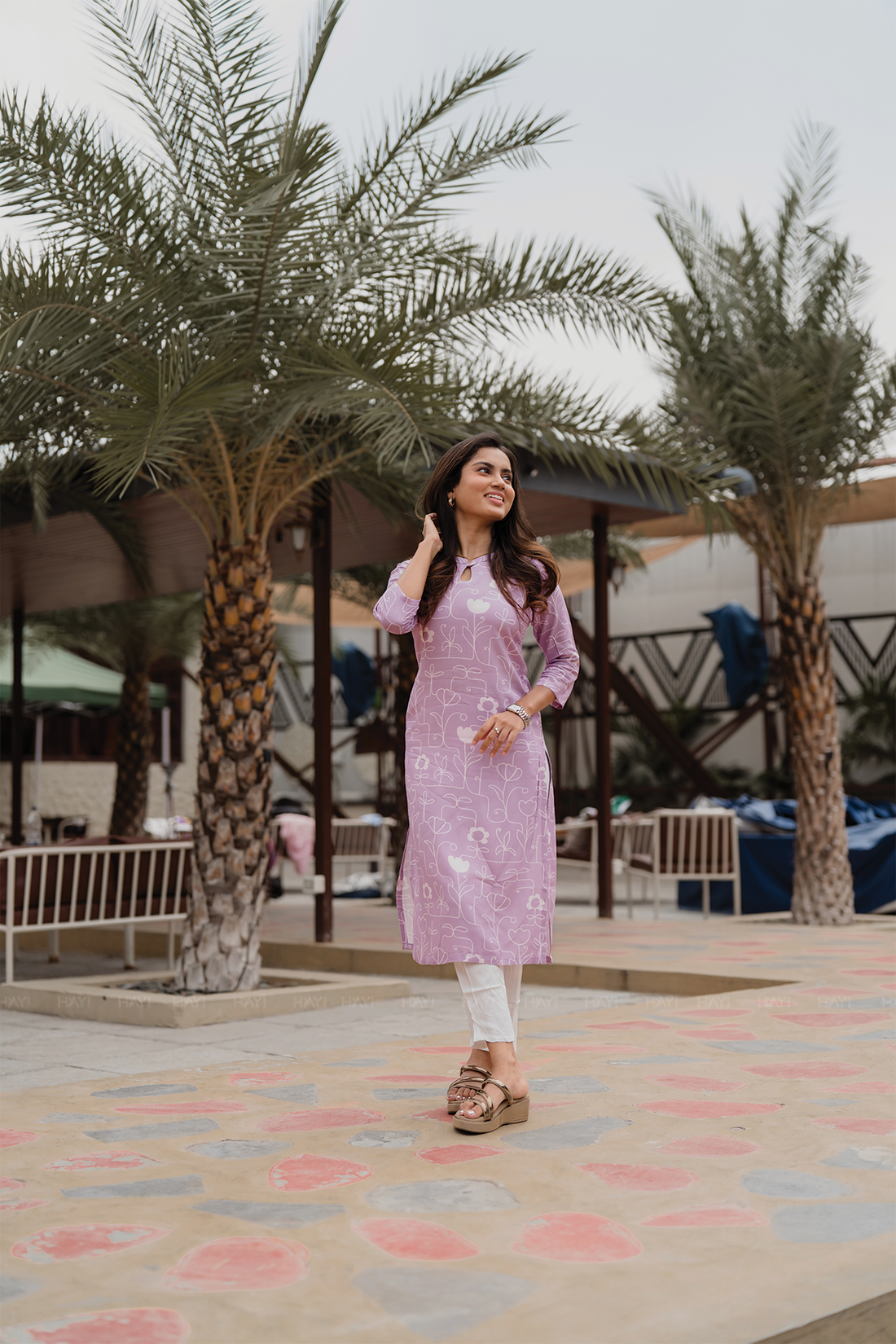 Floral Code Pink Viscose Kurti with Chinese neck with Keyhole &amp; 3/4th Sleeves