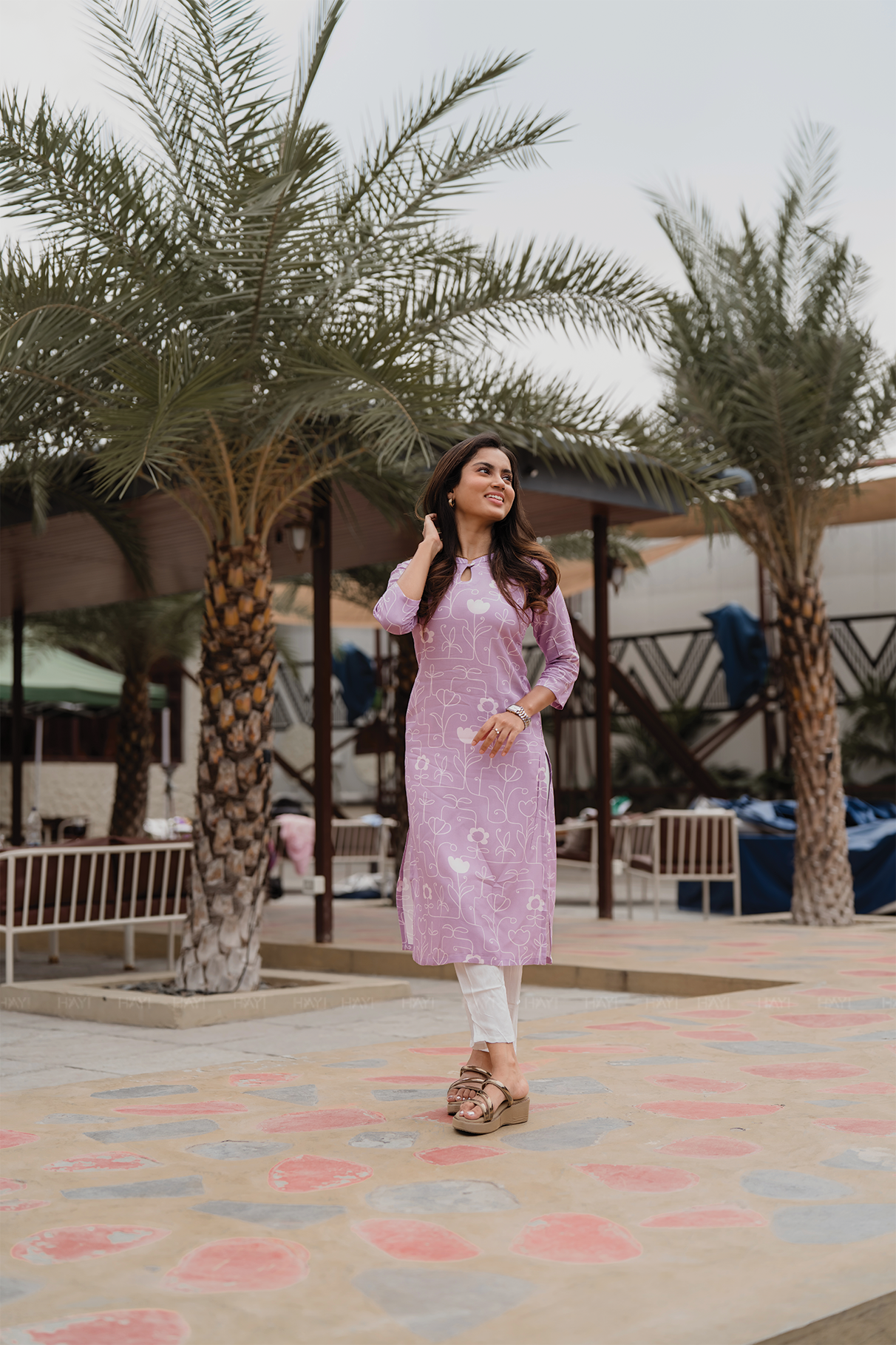 Floral Code Pink Viscose Kurti with Chinese neck with Keyhole &amp; 3/4th Sleeves